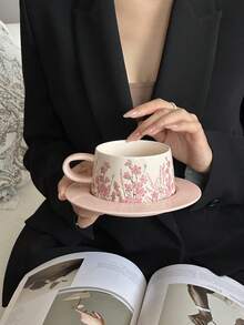 法式复古粉色陶瓷咖啡杯碟套装，花卉图案下午茶杯，优雅高端陶瓷马克杯，返校季必备 - 粉色 - 查看 13