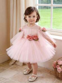 Baby Girls' Pink 3D Floral Mesh Princess Dress, Suitable For Girls' Birthday, Flower Girl, Wedding, Communion, Holiday Celebration, Vacation Dress - Baby Pink - View 3