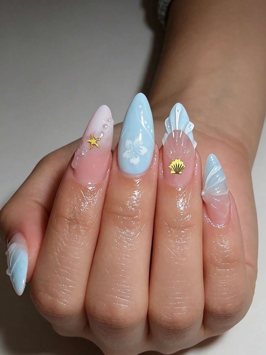 Instantly Upgrade Your Look With 24pcs Almond Shape Press On Nails Elegant Ocean Style White Flower Stripes With 3D Gold Shell Starfish And Pearl Design Pink White Gradient Nails With Fashionable Rubber Stripes And Blue French Style False Nails Full Cover False Nails Tip For Women And Girls Includes 1 Sheet Adhesive Tabs & 1 Pc Mini File Strip Jelly Gel Random Shipment - Multicolor - View 1