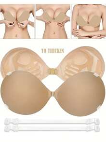 1 Pair Of Invisible Thickened Gathered Palm Cup Nipple Covers Bra (With 3cm Extended Thickened Shoulder Straps) - Apricot - View 8