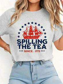 1pcsFunny 4th Of July Spilling The Tea Since 1773 Fourth Of July T-Shirt Print T-Shirt Casual Comfort Tee-Women Casual Going Out Tees - 淺灰色 - 查看 13