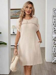 Vestido corto casual de mujer de unicolor con mangas de murciélago - Caqui - Ver 7