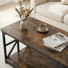 GOFLAME Rectangular Coffee Table With Open Storage Shelf, Industrial Farmhouse 2-Tier Accent Table, Heavy-Duty Metal Frame Center Table For Living Room, 109x50x48cm, Rustic Brown - Rust Brown - View 5