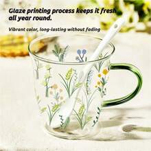 Floral Printed Glass Mug With Green Handle, 400ml/13.5oz Clear Drinking Cup For Coffee Tea Juice, Cute Flower Design Water Glass For Home Kitchen - Multicolor - View 8