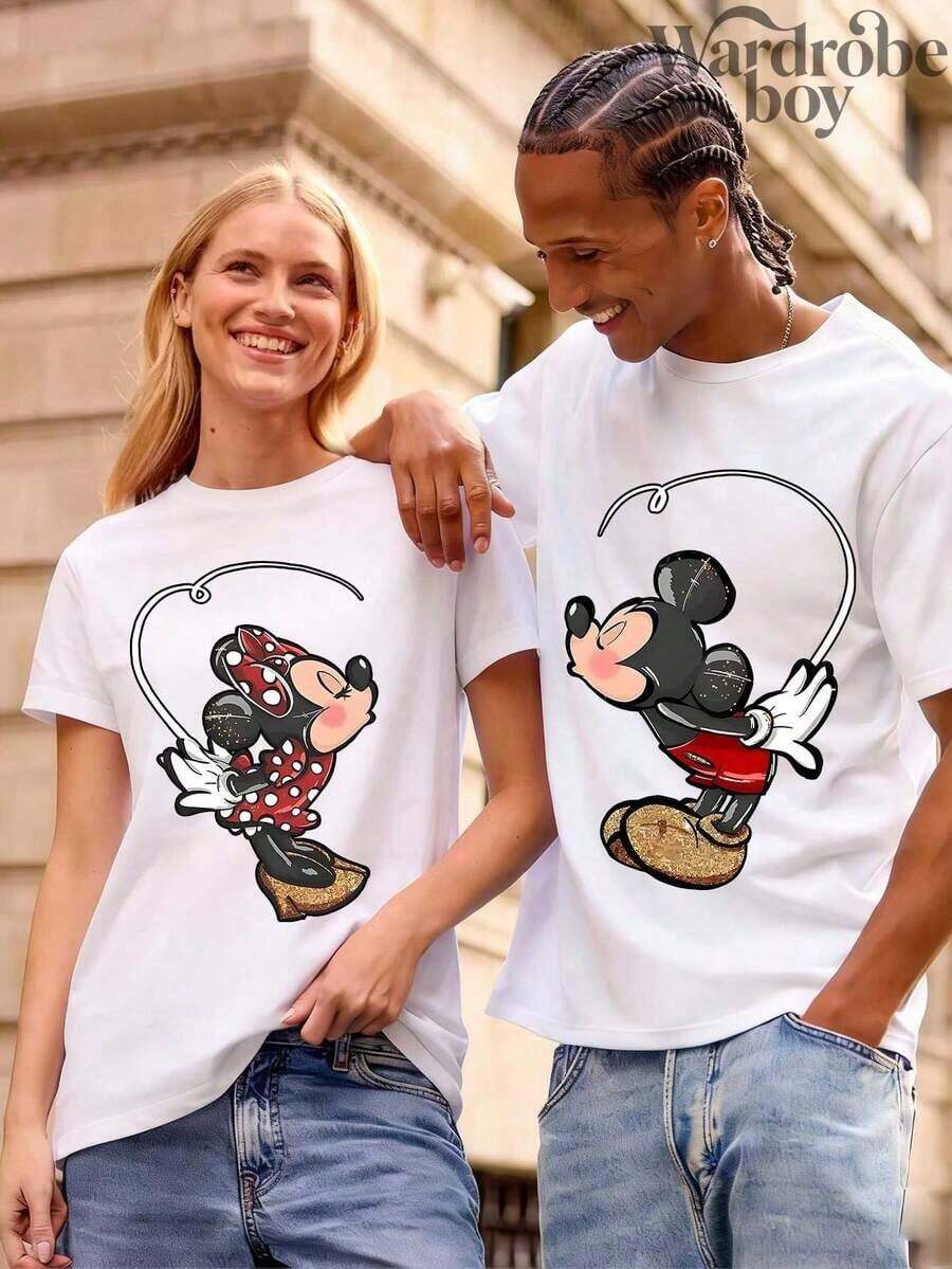 1PC Disney Printed T-Shirt,Mickey And Minnie Couple Outfits T-Shirt,Unisex,High-Quality Pure Cotton T-Shirt,Suitable For All Seasons, Comfortable And Breathable| Exquisite Design | The Best Choice For Giving Gifts - Women's T-shirt - View 1