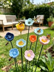 2/4/6pcs Mixed Color Flower & Bee Shaped Watering Stations, Bee Insect Drinking Cup With 22cm Ground Stake, Outdoor Garden Balcony Planter Bee Feeder, Creative Gardening Decor, Practical Gardening Tool - Flowers - View 1