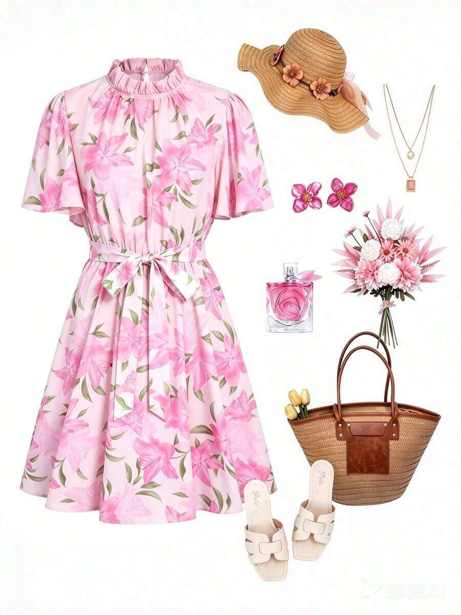 Vestido midi con cuello con volantes y estampado floral elegante para mujer, conjunto de vestidos de verano elegantes para mujer - Rosa Pálido - Ver 1