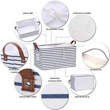 Hinwo 31L Large Capacity Storage Basket Canvas Fabric Storage Bin Collapsible Storage Box with PU Leather Handles and Drawstring Closure 17.7 by 11.8 inches Waterproof Inner Layer Navy Stripe - Azul - Ver 5