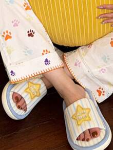 Women's Linen Slippers, Cute Sweet Star Pattern, Suitable For Spring, Summer, Indoor Casual Wear, Non-Slip Soft Bottom, Comfortable For Girls And Students - Blue and White - View 4