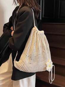 女士抽绳编织网眼背包,钩针编织波西米亚风单肩包,抽绳封口,时尚夏季沙滩手提包,适合休闲外出、海滩度假和放松休闲。 - 彩色 - 查看 7