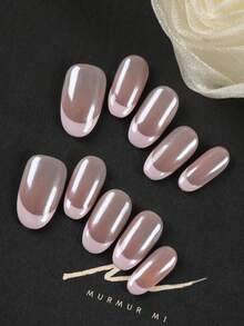 10pcs Pink French Style Minimalist Mirror Surface False Nails, Short Length For Office & Daily Wear, Artificial Nail Set Includes 1 Adhesive Sticker & 1 Mini Nail File - Multicolor - View 11