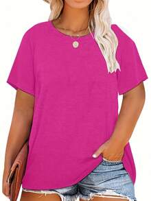 Women's Plus Size Black T-Shirt - Casual Crew Neck, Short Sleeve, Lightweight And Stretchy, Summer Fashion, Everyday Wear T-Shirt | Casual Style | Comfortable Fit, Plus Size Shirts - 玫瑰紅 - 查看 1