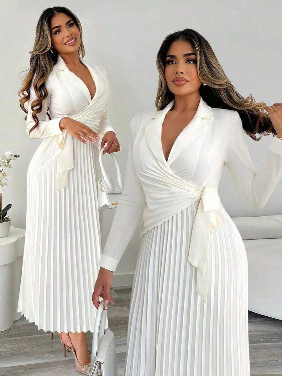 Vestido camisero de mujer con cintura ceñida y pliegues, adecuado para ir al trabajo, oficina y eventos de boda en otoño/invierno - Beis - Ver 1