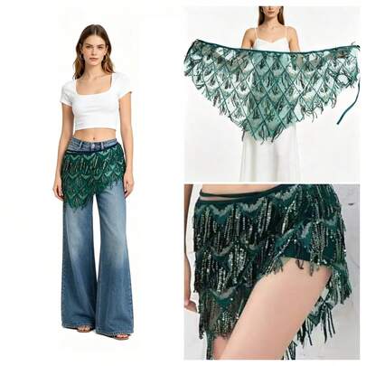 1pc Belly Dance Tassel Waist Chain Bohemian Hip Scarf Skirt New Design Waist Scarf ,Adjustable Waist Hip Scarf For Carnival Party Stage Performance, Suitable For Women's Shiny Costumes, Dance Costumes