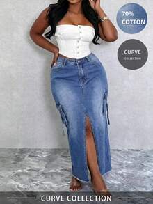 Gonna in denim con spacco in vita alta, gonna aderente a-line per primavera & autunno, taglie forti & petite casual - Blu lavato medio - Visualizzare 3