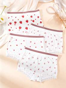 4 pièces/Paquet Culottes Hipster pour Femmes, Fleurs Mignons Blancs et Rouges, Tissu Confortable, Taille Contrastée - Rouge et Blanc - Voir 2