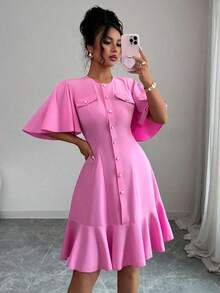 Vestido mini elegante de manga corta con bajo acampanado y patchwork - Negro - Ver 7