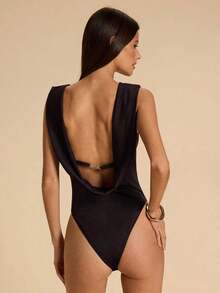 Body entero lujo elegante espalda descubierta cadena metálica sin mangas color sólido ceñido mujer vacaciones playa uso diario trabajo viaje primavera verano  viral 2026 - Marrón 2 - Ver 2