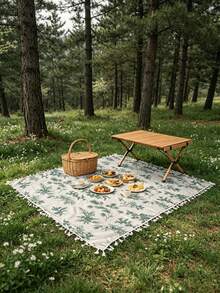 1pc Oversized Outdoor Picnic Blanket, Made Of High-Quality 100% Polyester Fabric, Elegant Green Leaf Print Design With Fringed Decor, Soft & Durable Foldable, Suitable For Forest Camping, Beach Vacation, Backyard Picnic And Family Gathering, Portable Decorative Camping Mat - Color - View 16