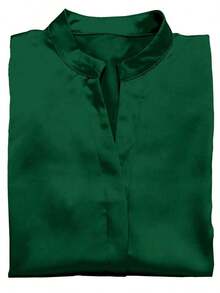 de unicolor de estilo europeo y americano de , diseño de cuello de satén, blusa elegante de manga larga y ajuste ceñido para primavera - Verde - Ver 4