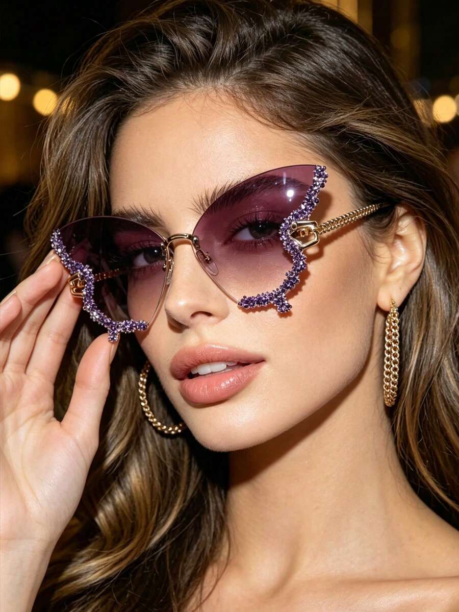 1 Cặp kính thời trang hình bướm đính đá không gọng, kiểu dáng độc đáo, thích hợp cho tiệc tùng/sàn diễn, thiết kế liền khối cho chụp ảnh đường phố, giúp khuôn mặt trông thon gọn hơn. - Nhiều màu - Xem 1