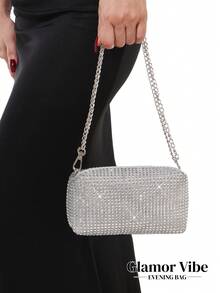 Sparkling Allover Rhinestone Silver Evening Bag, Shiny Sequin Square Crossbody Bag With Detachable Chain, Suitable For Wedding, Cocktail Party, Prom, Beach, Banquet - Silver - View 3