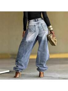 Fashion Personalized High-Waisted Jeans, Heavy Industry Splicing, Handmade Diamond-Encrusted Design, Straight Wide-Leg Pants - 1 - View 2