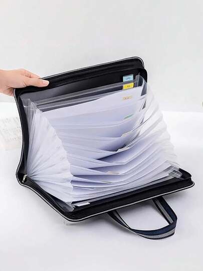1 pièce à soufflet noir avec fermeture éclair, organisateur de documents portable et extensible, sac de rangement multi-poches pour papiers au format A4, usage bureau, école et maison