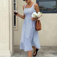 Women Striped Print Square Neck Sleeveless Mid-Calf Summer Dress Vacation Casual Blue Holiday Resort - Rosa vieja - Ver 7