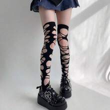 Gothic Punk Ripped Asymmetrical Sexy Fishnet Tights, Lolita Spider Web Thigh-High Socks For Women, Christmas Gift, Nylon - Multicolor - View 7