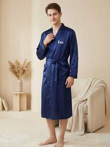 1pc Personalized Satin Robe For Men With Custom Name Embroidery, Kimono Style Bathrobe And Home Loungewear For Wedding Morning Preparation, Birthday Or Anniversary Gift For Husband Or Dad - Multicolor - View 8