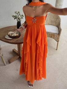 Đầm dài ngang gối kiểu Bohemian thanh lịch màu cam không tay cổ chữ V móc len, thích hợp cho mùa hè. - trái cam - Xem 11