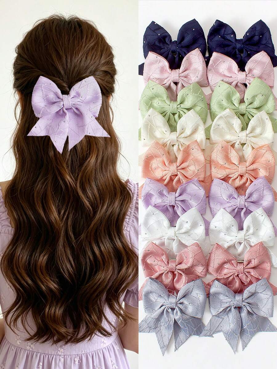 8pcs Random Solid Color Vintage Rhinestone Fabric Bow Barrettes, Lined Swallow Tail Clips, Cute Girl's School Style Hair Accessories, Suitable For Daily Wear And Party - Multicolor - View 1