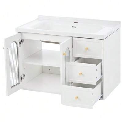 [With Ceramic Sink] 80cm Multifunctional Floating Bathroom Vanity Unit, MDF Board, Large Storage Capacity: 2 Drawers + Cabinet With Glass Door (Semi-Transparent, With Adjustable Shelves)