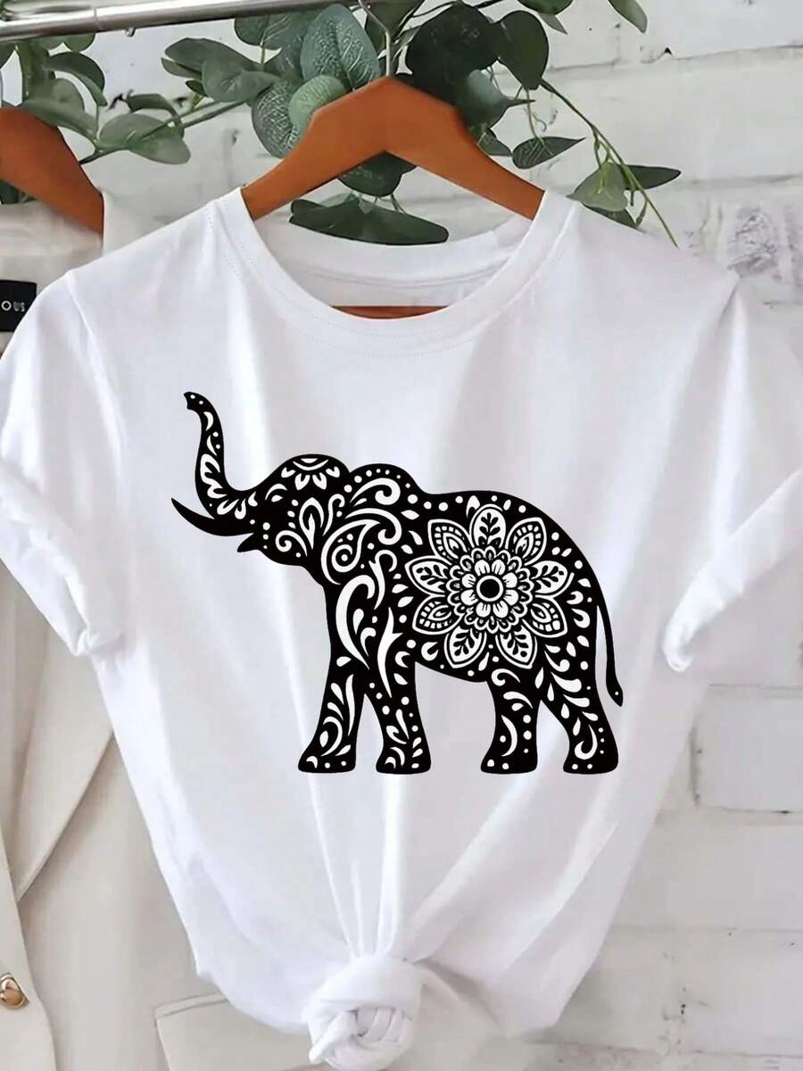 Tamaño más, elefante, patrón impresión camiseta de manga corta cuello de la tulación top casual para verano primavera, ropa de mujer