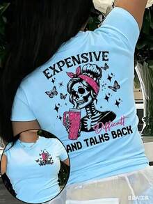 Women's Skull Print T-Shirt - An Avant-Garde Round-Neck Top Featuring A Butterfly And Star Pattern, With The Slogan "Expensive Talks Back," A Breathab - 藍色 - 查看 3