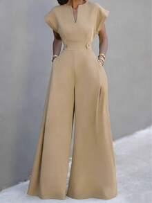 Women's New Solid Color Cutout Pocket Wide Leg Jumpsuit, Suitable For Daily, Office, Vacation In Spring & Summer - Recommend Sizing Up One Size For Slim Fit - Khaki - View 5