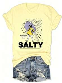 Plus Size Salty With Umbrella Graphic Tee - Vintage Style Summer Beachwear For Women, Perfect For Vacation And Everyday Wear, T-Shirt-Unisex - 淡黃色 - 查看 13