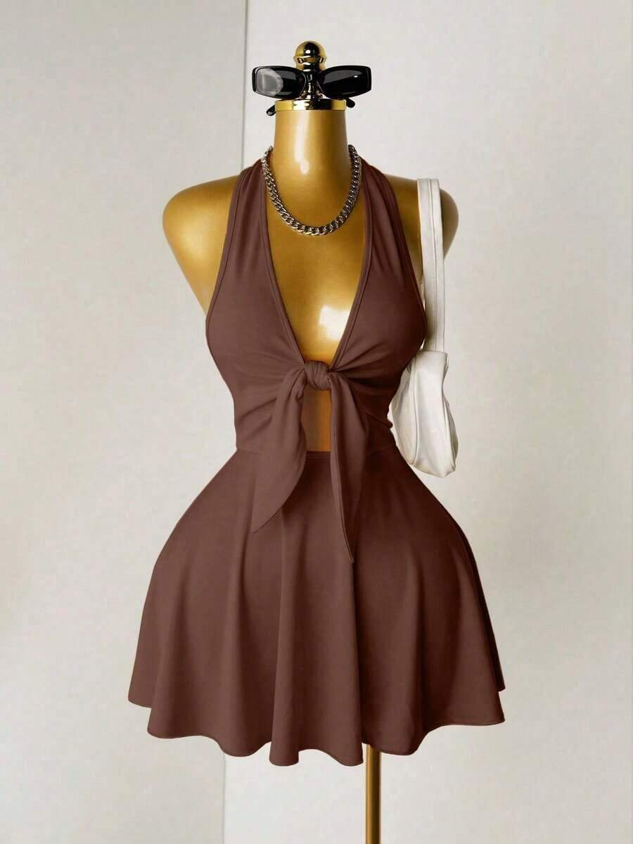 Vestido de verano de unicolor con escote halter y espalda descubierta para mujer - Marrón - Ver 1