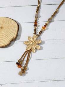 1pc Fashionable Floral Beaded Metal Chain Necklace, Suitable For Women's Daily Wear - 棕色 - 查看 2