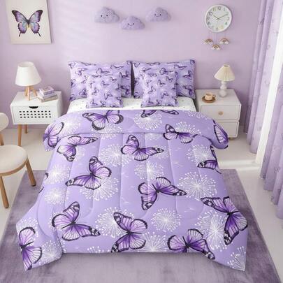 Erosebridal Butterfly 7 Piece Comforter Set For Women Romantic Purple Butterflies Bedding Set Firework Bed In A Bag Garden Room Decor Flat Sheet Flying Animals Quilt Set, Perfect For Everyday Use, Dorms, Guest Rooms, And As Gifts For Occasions