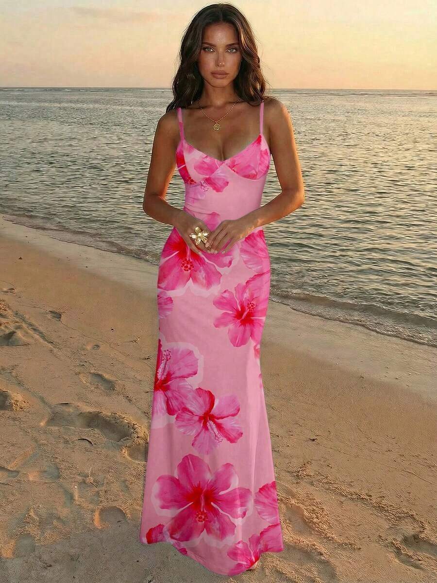 Vacation Spaghetti Strap Tie-Up Bodycon Printed Dress For Women, Spring/Summer,Pink Dress - Pink 3 - View 1