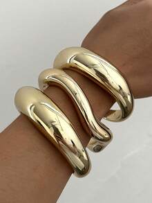 3pcs Elegant Vintage Casual Minimalist CCB Material Women Wavy Arc Open Bangle Set, Suitable For Daily Wear, Stackable, Lightweight, Smudge-Proof, Perfect Gift For Christmas, Halloween And Other Holidays, Versatile For All Seasons - Gold - View 6