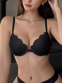Peach Girl黑色性感蕾丝前扣文胸，女士薄杯舒适透气褶皱文胸 - 黑色 - 查看 6