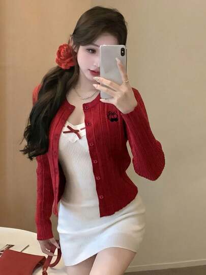 Áo khoác cardigan dệt kim ôm dáng màu đỏ, mẫu mới về, áo len mỏng dáng suông gợi cảm, đa năng dành cho nữ.