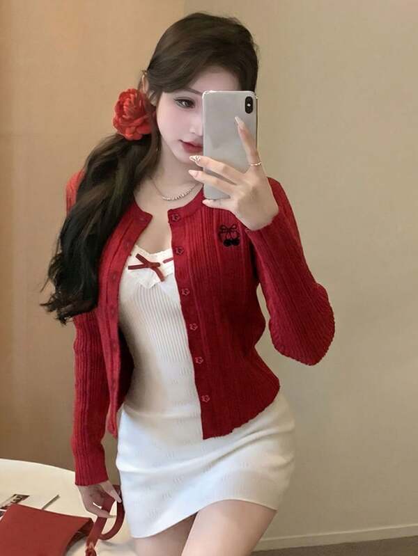 Áo khoác cardigan dệt kim ôm dáng màu đỏ, mẫu mới về, áo len mỏng dáng suông gợi cảm, đa năng dành cho nữ.