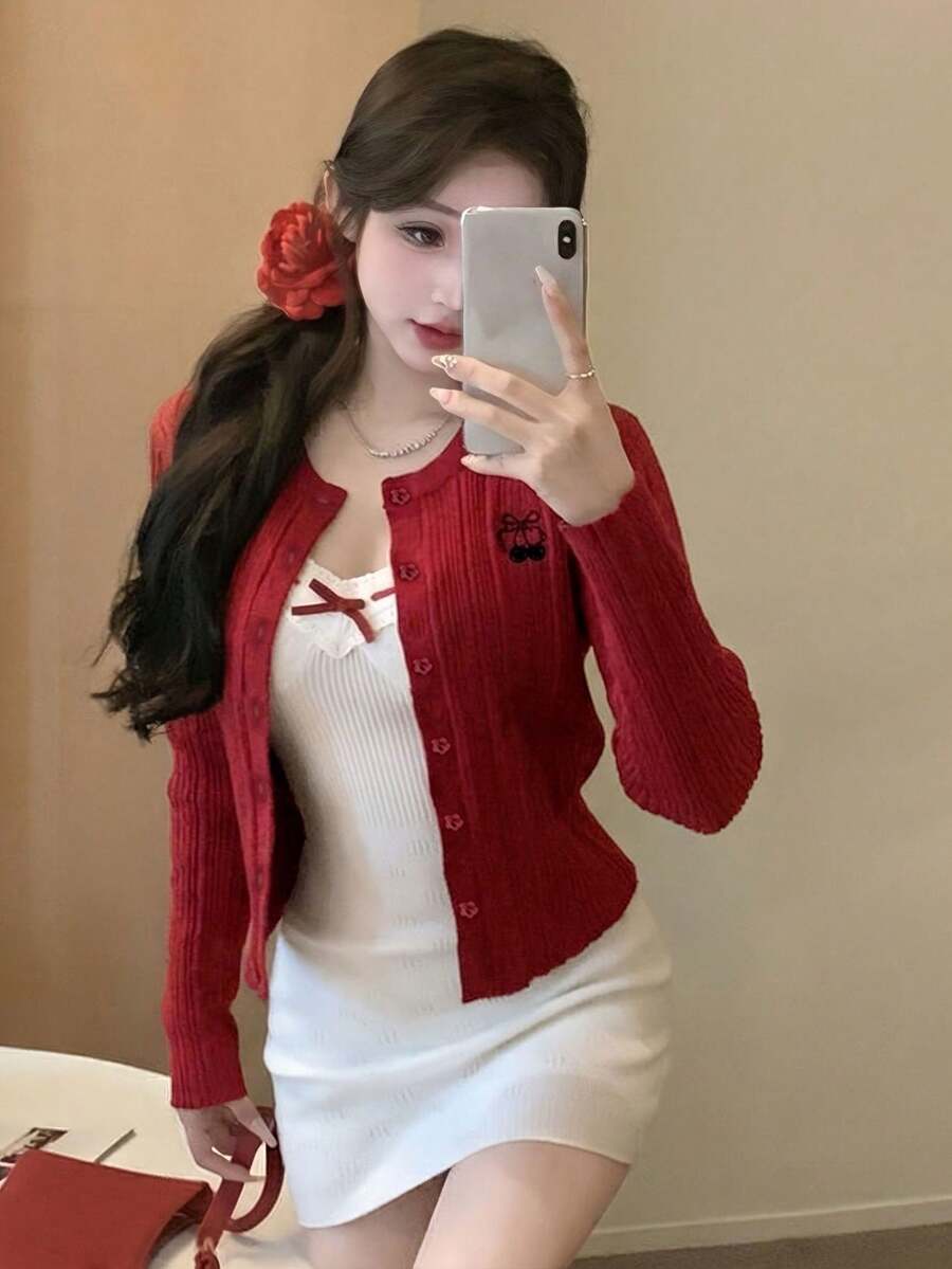 Áo khoác cardigan dệt kim ôm dáng màu đỏ, mẫu mới về, áo len mỏng dáng suông gợi cảm, đa năng dành cho nữ. - Đỏ - Xem 1