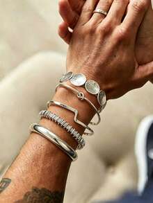 5 piezas Brazalete ancho de metal con diseño asimétrico de onda geométrica en estilo retro casual para hombres - Plateado - Ver 1