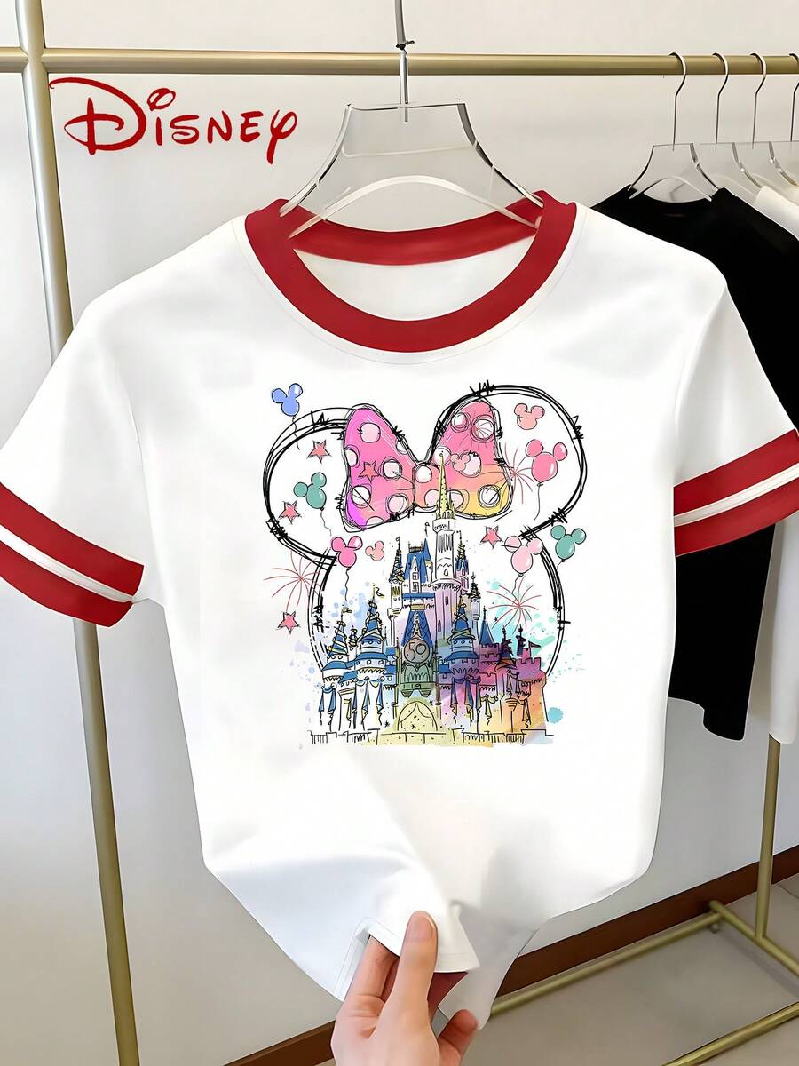 Disney-Themed Minnie Mouse Headband And Castle Doodle Print |   Y2K-Style Red And White Color-Blocked Women'S Fashion T-Shirt - A Must-Have Summer Essential - trắng - Xem 1
