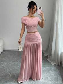 2pcs/Set Women Solid Color Short Sleeve Top And Skirt Set, Minimalist & Fashionable, Suitable For Summer - Pink - View 1